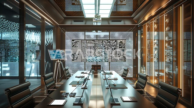 قاعة اجتماعات واسعة مع طاولة محاطة بكراسي، التصميم العصري الحديث للمكاتب في الشركات السعودية، غرف مكتبية بتصاميم وديكورات داخلية بزخارف فاخرة