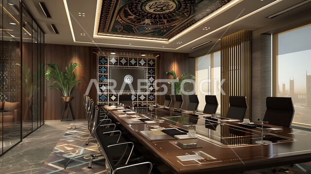  غرف مكتبية بتصاميم وديكورات داخلية بزخارف فاخرة، قاعة اجتماعات واسعة مع طاولة محاطة بكراسي، التصميم العصري الحديث للمكاتب في الشركات السعودية
