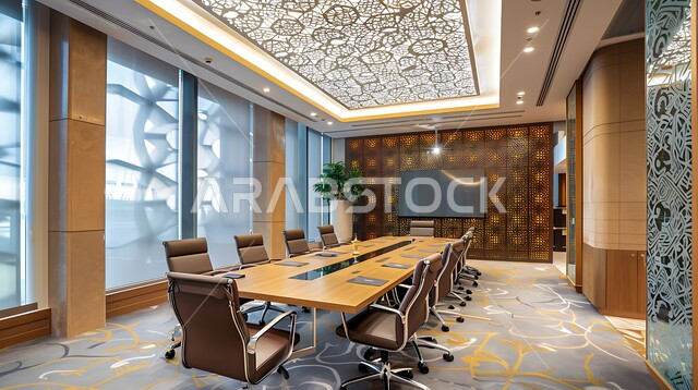 قاعة اجتماعات واسعة مع طاولة محاطة بكراسي، التصميم العصري الحديث للمكاتب في الشركات السعودية، غرف مكتبية بتصاميم وديكورات داخلية بزخارف فاخرة