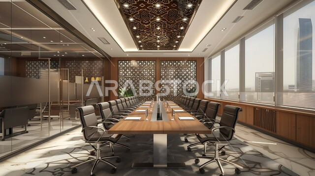  غرف مكتبية بتصاميم وديكورات داخلية بزخارف فاخرة، قاعة اجتماعات واسعة مع طاولة محاطة بكراسي، التصميم العصري الحديث للمكاتب في الشركات السعودية