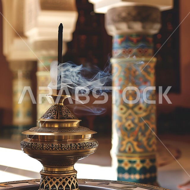 منظر الدخان المنتشر من البخور، التعطر والتطيب باطيب الروائح والعطور، أصالة العادات والتقاليد في المملكة العربية السعودية، خشب العود الفاخر والفحم، منتج محلي وطني سعودي, صورة مقربة لمبخرة تقليدية مزخرفة في مكان تراثي