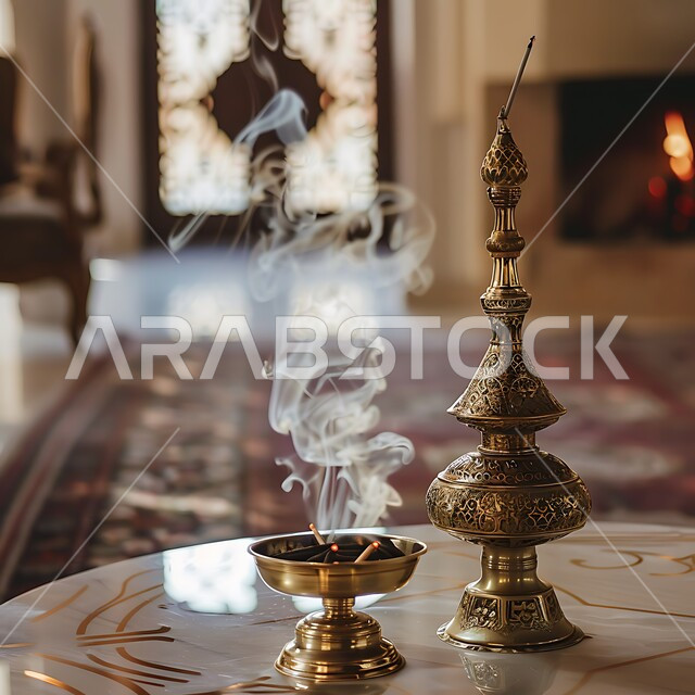 View of smoke spreading from incense, perfuming and scenting with the best scents and perfumes, authenticity of customs and traditions in the Kingdom of Saudi Arabia, luxurious oud wood and charcoal, a local Saudi national product, close-up of a traditional decorated incense burner in a heritage place