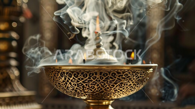 مبخرة نحاسية مزخرفة تطلق دخانًا عطريًا، مما يخلق أجواءً من الضيافة السعودية التقليدية.
