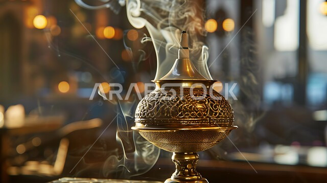 منظر الدخان المنتشر من البخور، التعطر والتطيب باطيب الروائح والعطور، أصالة العادات والتقاليد في المملكة العربية السعودية، خشب العود الفاخر والفحم، منتج محلي وطني سعودي, صورة مقربة لمبخرة تقليدية مزخرفة في مكان تراثي