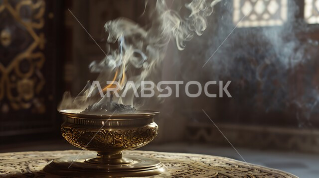 منظر الدخان المنتشر من البخور، التعطر والتطيب باطيب الروائح والعطور، أصالة العادات والتقاليد في المملكة العربية السعودية، خشب العود الفاخر والفحم، منتج محلي وطني سعودي, صورة مقربة لمبخرة تقليدية مزخرفة في مكان تراثي
