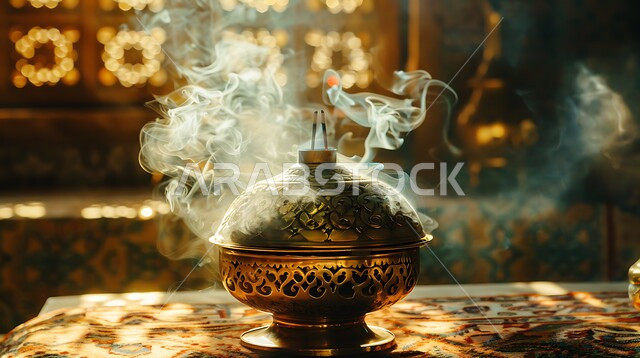 التعطر والتطيب باطيب الروائح والعطور، أصالة العادات والتقاليد في المملكة العربية السعودية، منظر الدخان المنتشر من البخور، خشب العود الفاخر والفحم، منتج محلي وطني سعودي, صورة مقربة لمبخرة تقليدية مزخرفة في مكان تراثي