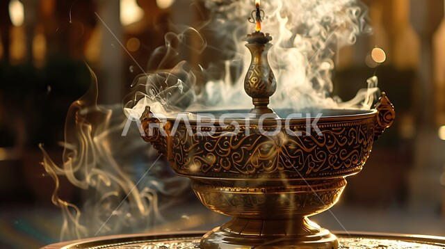 التعطر والتطيب باطيب الروائح والعطور، أصالة العادات والتقاليد في المملكة العربية السعودية، منظر الدخان المنتشر من البخور، خشب العود الفاخر والفحم، منتج محلي وطني سعودي, صورة مقربة لمبخرة تقليدية مزخرفة في مكان تراثي