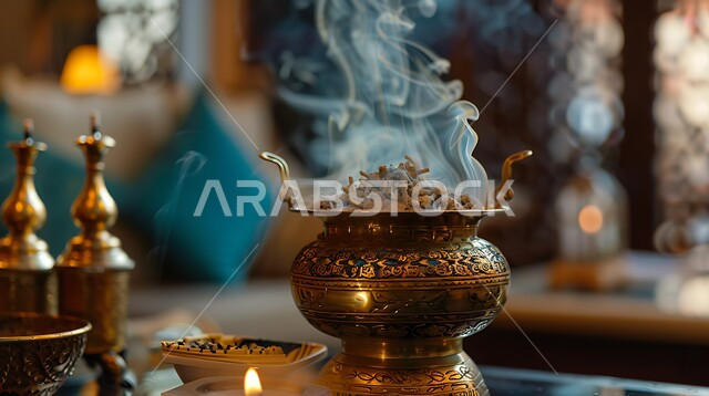التعطر والتطيب باطيب الروائح والعطور، أصالة العادات والتقاليد في المملكة العربية السعودية، منظر الدخان المنتشر من البخور، خشب العود الفاخر والفحم، منتج محلي وطني سعودي, صورة مقربة لمبخرة تقليدية مزخرفة في مكان تراثي
