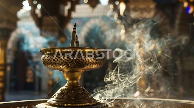 التعطر والتطيب باطيب الروائح والعطور، أصالة العادات والتقاليد في المملكة العربية السعودية، منظر الدخان المنتشر من البخور، خشب العود الفاخر والفحم، منتج محلي وطني سعودي, صورة مقربة لمبخرة تقليدية مزخرفة في مكان تراثي