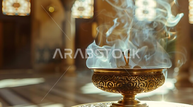 التعطر والتطيب باطيب الروائح والعطور، أصالة العادات والتقاليد في المملكة العربية السعودية، منظر الدخان المنتشر من البخور، خشب العود الفاخر والفحم، منتج محلي وطني سعودي, صورة مقربة لمبخرة تقليدية مزخرفة في مكان تراثي