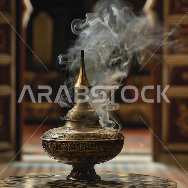 Perfume and fragrance with the best scents and perfumes, the authenticity of customs and traditions in the Kingdom of Saudi Arabia, the view of the smoke spreading from incense, luxurious oud wood and charcoal, a local Saudi national product, a close-up of a traditional decorated incense burner in a heritage place