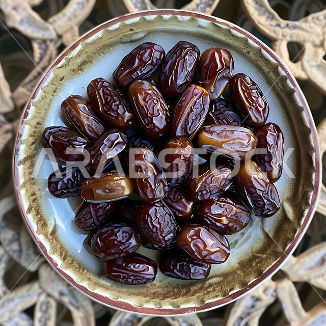 أنواع التمور الفاخرة في المملكة العربية السعودية, ثمار ومحاصيل زراعية محلية وطنية، وجبة ذات قيمة غذائية عالية، طبق نحاسي مليء بحبات التمر الصحي، ضيافة رمضانية تقليدية