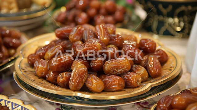 أنواع التمور الفاخرة في المملكة العربية السعودية, ثمار ومحاصيل زراعية محلية وطنية، وجبة ذات قيمة غذائية عالية، طبق نحاسي مليء بحبات التمر الصحي، ضيافة رمضانية تقليدية