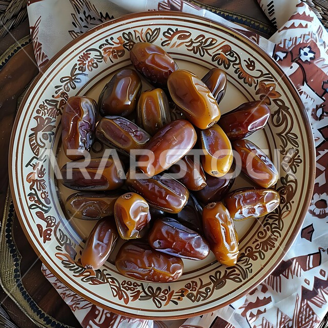 أنواع التمور الفاخرة في المملكة العربية السعودية, ثمار ومحاصيل زراعية محلية وطنية، وجبة ذات قيمة غذائية عالية، طبق نحاسي مليء بحبات التمر الصحي، ضيافة رمضانية تقليدية