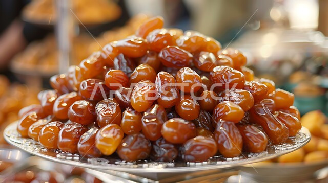 طبق نحاسي مليء بحبات التمر الصحي، ضيافة رمضانية تقليدية، أنواع التمور الفاخرة في المملكة العربية السعودية, ثمار ومحاصيل زراعية محلية وطنية، وجبة ذات قيمة غذائية عالية