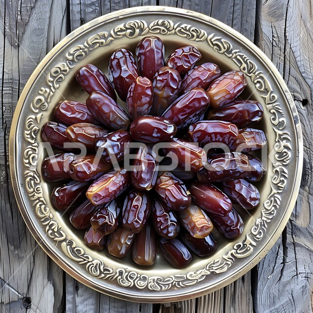 Copper plate filled with healthy dates, traditional Ramadan hospitality, luxury dates types in Saudi Arabia, local national fruits and agricultural crops, meal with high nutritional value