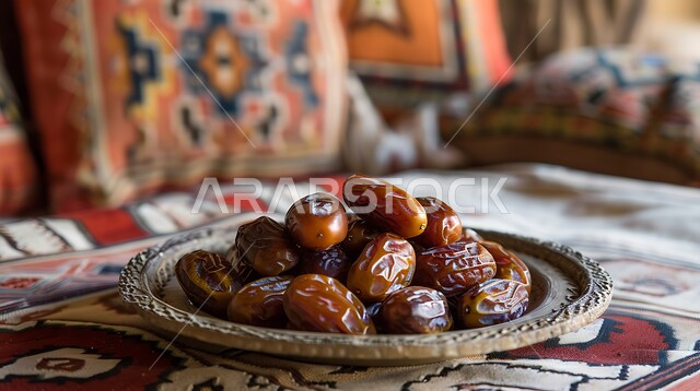 طبق نحاسي مليء بحبات التمر الصحي، ضيافة رمضانية تقليدية، أنواع التمور الفاخرة في المملكة العربية السعودية, ثمار ومحاصيل زراعية محلية وطنية، وجبة ذات قيمة غذائية عالية