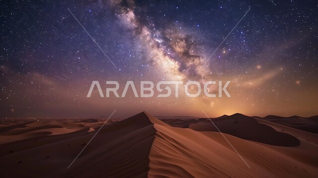 جبال ومرتفعات المملكة العربية السعودية في الليل، التضاريس والبيئة الصحراوية في الصحراء العربية، مشهد لمجرة درب التبانة والنجوم اللامعة في سماء السعوديه, الكثبان الرملية الذهبية، خلفية الطبيعة