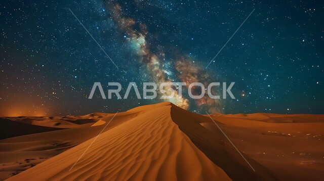 جبال ومرتفعات المملكة العربية السعودية في الليل، التضاريس والبيئة الصحراوية في الصحراء العربية، مشهد لمجرة درب التبانة والنجوم اللامعة في سماء السعوديه, الكثبان الرملية الذهبية، خلفية الطبيعة
