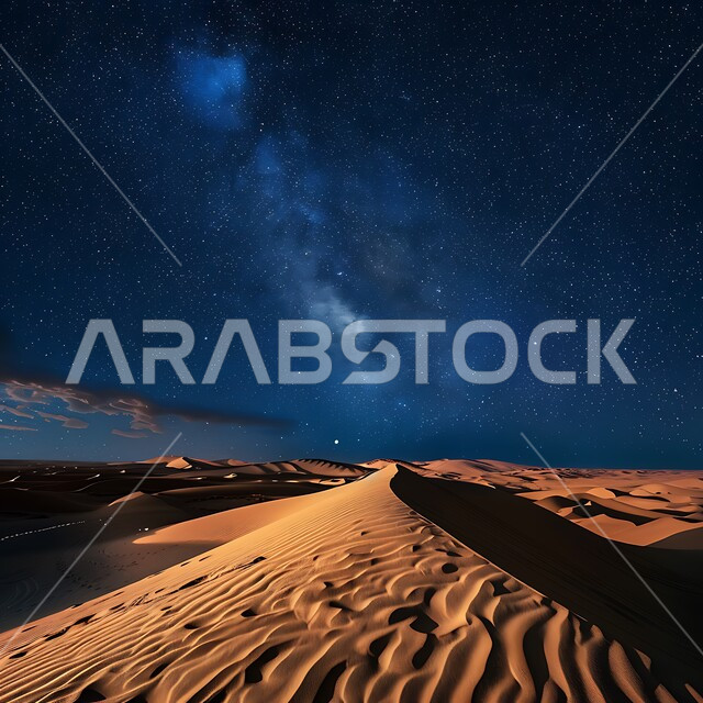 جبال ومرتفعات المملكة العربية السعودية في الليل، التضاريس والبيئة الصحراوية في الصحراء العربية، مشهد لمجرة درب التبانة والنجوم اللامعة في سماء السعوديه, الكثبان الرملية الذهبية، خلفية الطبيعة