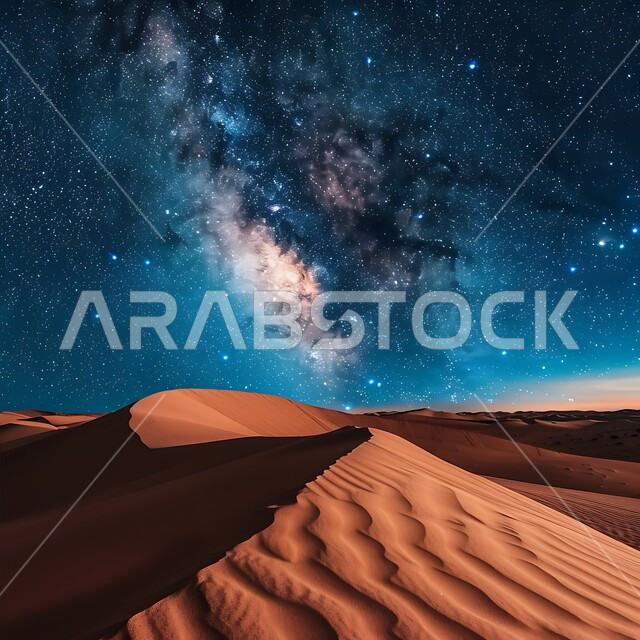 جبال ومرتفعات المملكة العربية السعودية في الليل، التضاريس والبيئة الصحراوية في الصحراء العربية، مشهد لمجرة درب التبانة والنجوم اللامعة في سماء السعوديه, الكثبان الرملية الذهبية، خلفية الطبيعة