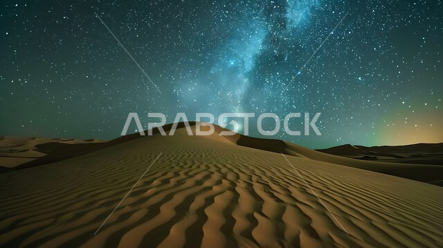 جبال ومرتفعات المملكة العربية السعودية في الليل، التضاريس والبيئة الصحراوية في الصحراء العربية، مشهد لمجرة درب التبانة والنجوم اللامعة في سماء السعوديه, الكثبان الرملية الذهبية، خلفية الطبيعة
