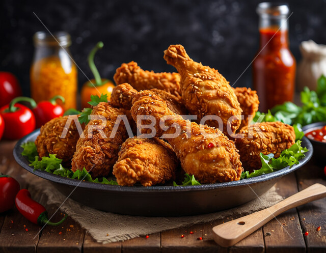 طبق من أفخاذ الدجاج المقلي المقرمشة على طالة خشبية، دجاج البروستد الشهي، مطاعم المأكولات السريعة في المملكة العربية السعودية، وجبات الطعام الغير صحيه
