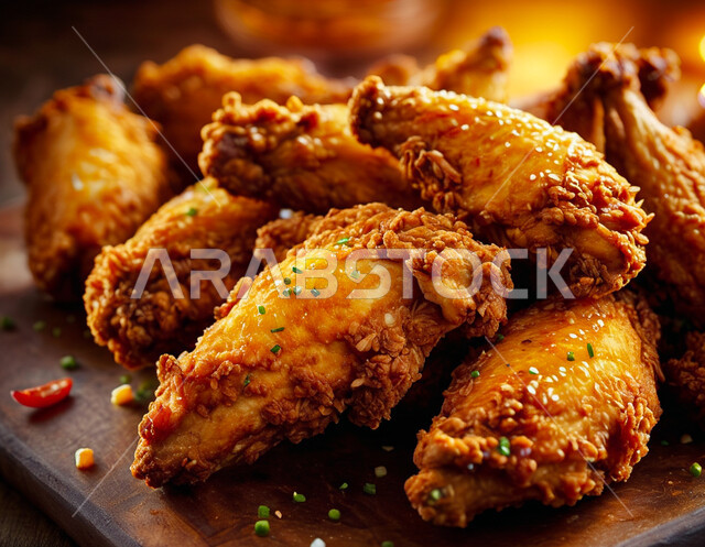 أجنحة الدجاج المقلي المقرمشة على لوح خشبي، دجاج البروستد الشهي، مطاعم المأكولات السريعة في المملكة العربية السعودية، وجبات الطعام الغير صحيه