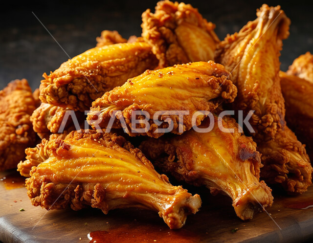 وجبات الطعام الغير صحيه، أجنحة الدجاج المقلي المقرمشة على لوح خشبي، دجاج البروستد الشهي، مطاعم المأكولات السريعة في المملكة العربية السعودية