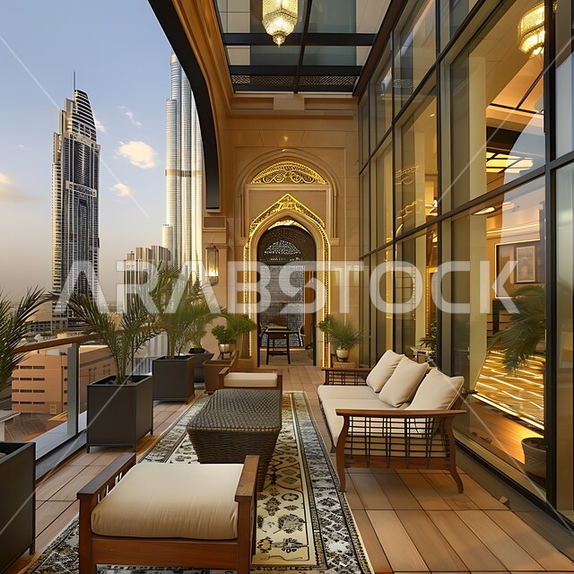  شرفة منزل بديكورات أنيقة مطلة على الابراج وقت النهار ,مفهوم الاسترخاء و الاستمتاع بالاجواء الهادئة ,الاهتمام بزراعة النباتات الخضراء, الفن الهندسي المعماري للشقق والمنازل في الامارات العربية المتحدة, أثاث بسيط ومريح 