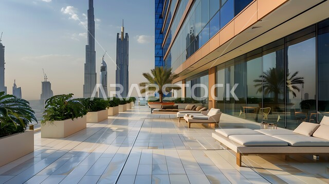  شرفة منزل بديكورات أنيقة مطلة على الابراج وقت النهار ,مفهوم الاسترخاء و الاستمتاع بالاجواء الهادئة ,الاهتمام بزراعة النباتات الخضراء, الفن الهندسي المعماري للشقق والمنازل في الامارات العربية المتحدة, أثاث بسيط ومريح 
