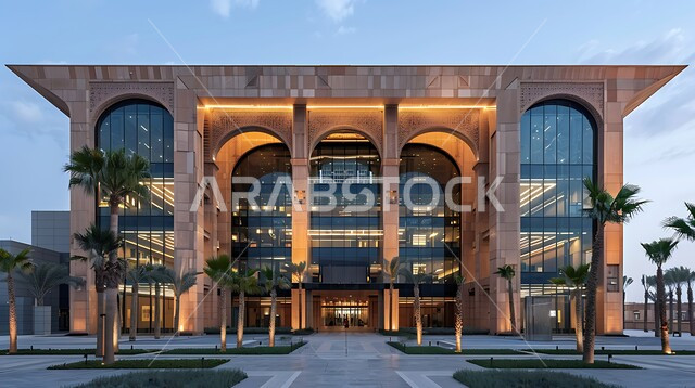 Interest in growing green plants, modern architectural art for towers and skyscrapers in the Kingdom of Saudi Arabia, luxury commercial facilities during the day, urban growth and progress, a modern tower with huge glass facades