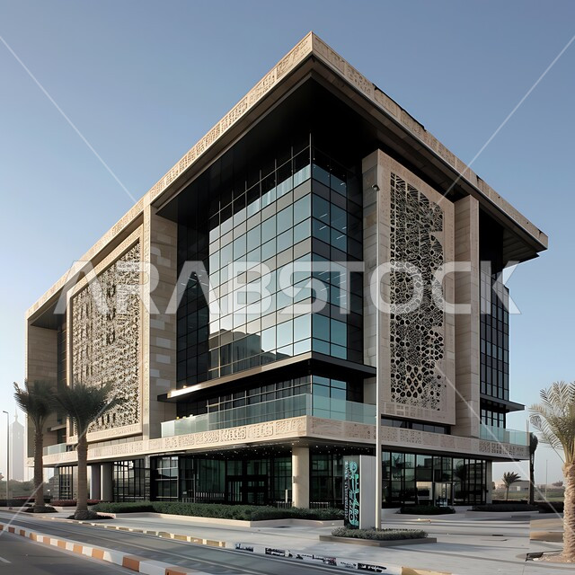 الفن الهندسي المعماري على الطراز الحديث للأبراج وناطحات السحاب في المملكة العربية السعودية, المنشآت التجارية الفاخرة في وقت النهار, النمو و التقدم العمراني, برج حديث بواجهات زجاجية ضخمة, الاهتمام في زراعه النباتات الخضراء