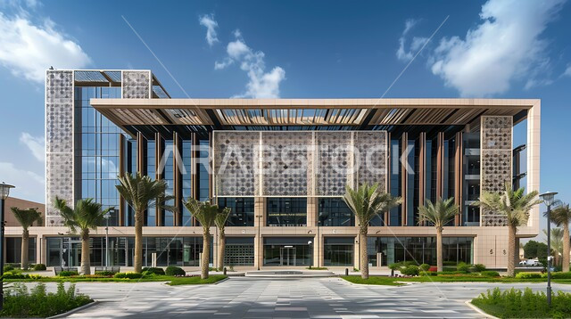 المنشآت التجارية الفاخرة في وقت النهار, النمو و التقدم العمراني, الفن الهندسي المعماري على الطراز الحديث للأبراج وناطحات السحاب في المملكة العربية السعودية, برج حديث بواجهات زجاجية ضخمة, الاهتمام في زراعه النباتات الخضراء