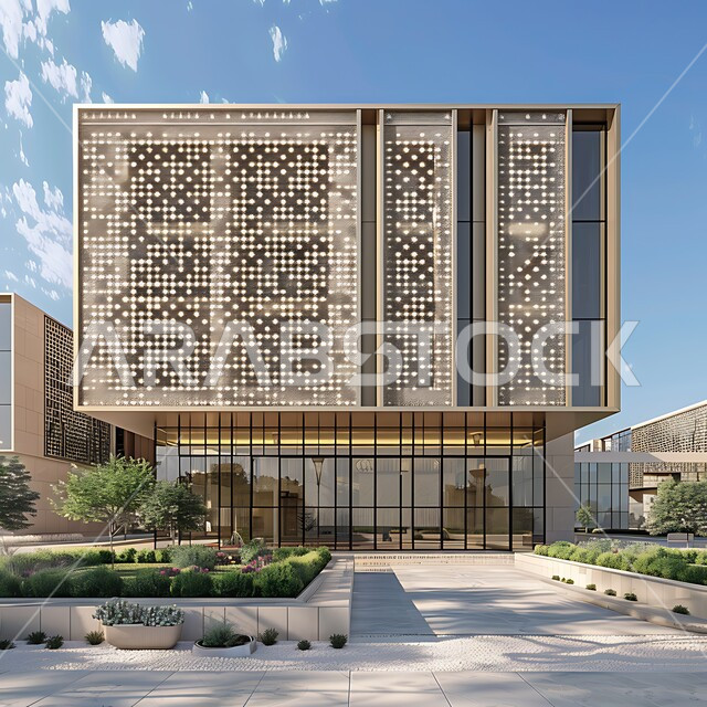 المنشآت التجارية الفاخرة في وقت النهار, النمو و التقدم العمراني, الفن الهندسي المعماري على الطراز الحديث للأبراج وناطحات السحاب في المملكة العربية السعودية, برج حديث بواجهات زجاجية ضخمة, الاهتمام في زراعه النباتات الخضراء