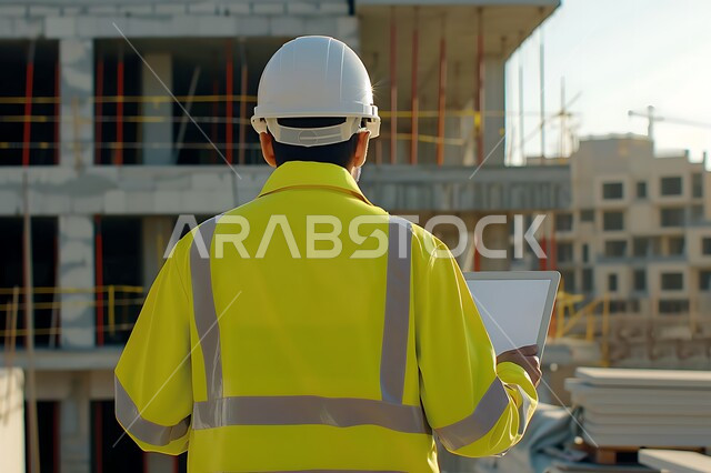 Supervising construction work, working in the field of structural engineering, close-up from the back of a Saudi Arabian Gulf engineer wearing a protective coat and helmet holding a tablet in his hand following up on plans at the work site, following up on the implementation of architectural projects, engineering professions and jobs