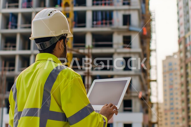 Follow up on the implementation of architectural projects, supervising the progress of construction work, working in the field of structural engineering, close-up photo from the back of a Saudi Arabian Gulf engineer wearing a protective coat and helmet holding a tablet in his hand following up on plans at the work site, engineering professions and jobs