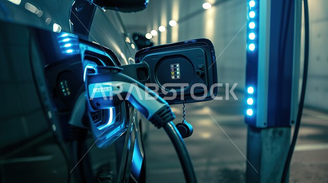 وسائل النقل والمواصلات في المملكة العربية السعودية, محطة للمحروقات والوقود، صورة مقربة لانبوب المضخة يقوم بتعبئة خزان السيارة بالبنزين، الشحن البيئي التكنولوجي للسيارات التكنولوجية