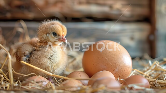 مفهوم الثروة الحيوانية، كتكوت صغير فقس على عش من القش، صورة مقربة لمجموعة من البيوض في مزرعة دواجن