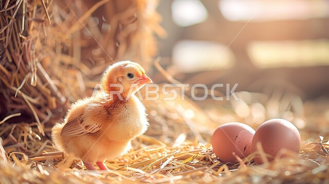 كتكوت صغير فقس على عش من القش، صورة مقربة لمجموعة من البيوض في مزرعة دواجن، مفهوم الثروة الحيوانية