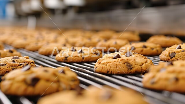 الحلويات العربيه الشرقيه، مخبوزات وطنيه محليه طازجه، رقاقات البسكويت الهشة والخفيفة مع قطع الشوكولاته الداكنة اللذيذة، مصنع لصنع البسكويت برقائق الشوكولاتة (الكوكيز)