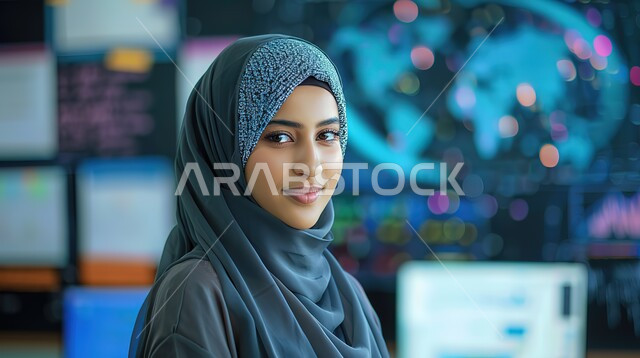 رؤية مستقبلية 2030، أساليب وإستراتيجيات جديدة في نظام التعليم في المدارس السعودية، صورة مقربة من الجانب لمعلمة عربية خليجية سعودية محجبة في فصل الدراسي، التعليم المتطور باستخدام شاشات إلكترونية وتقنيات حديثة