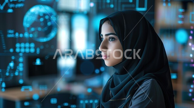 أساليب وإستراتيجيات جديدة في نظام التعليم في المدارس السعودية، صورة مقربة من الجانب لمعلمة عربية خليجية سعودية محجبة في فصل الدراسي، رؤية مستقبلية 2030، التعليم المتطور باستخدام شاشات إلكترونية وتقنيات حديثة