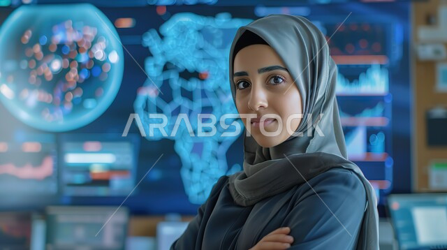 رؤية مستقبلية 2030، أساليب وإستراتيجيات جديدة في نظام التعليم في المدارس السعودية، صورة مقربة من الجانب لمعلمة عربية خليجية سعودية محجبة في فصل الدراسي، التعليم المتطور باستخدام شاشات إلكترونية وتقنيات حديثة