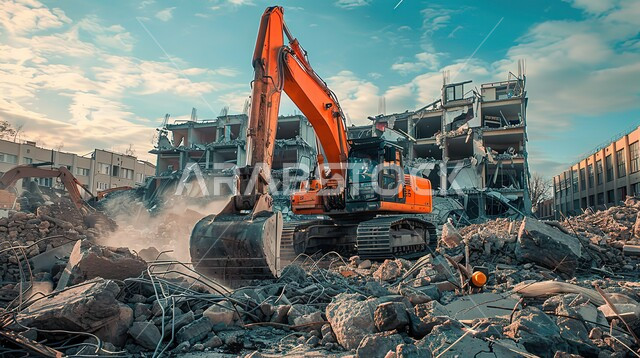 النمو والتطور العمراني للأبراج وناطحات السحاب، جرافة تعمل على رفع وتعبئة الانقاض في النهار، مفهوم الهندسة والإنشاءات والتطوير، مهن ووظائف هندسية صناعية في السعودية، آلات ومعدات ثقيلة