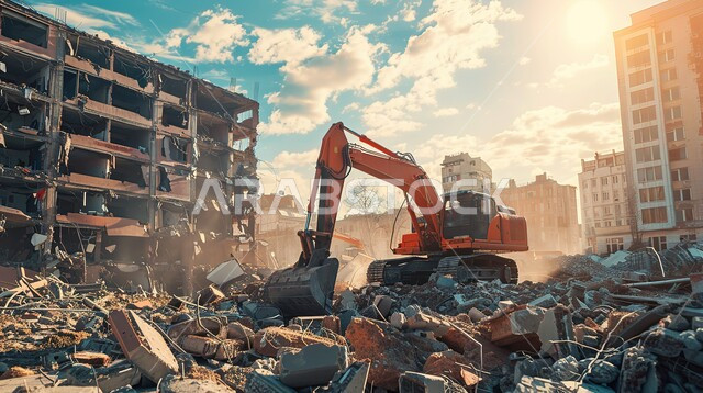 Excavator lifting and filling rubble during the day, Urban growth and development of towers and skyscrapers, Concept of engineering, construction and development, Industrial engineering professions and jobs in Saudi Arabia, Heavy machinery and equipment
