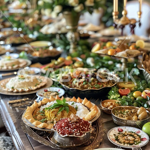  العزائم والولائم في الأعياد والمناسبات الإسلامية، المقبلات والأطباق والأصناف العربية الشرقية اللذيذة، مائدة طعام مليئة بالوجبات المتنوعة الرمضانية، سفرة من المأكولات الشعبية التقليدية الشهية، أجواء شهر رمضان المبارك