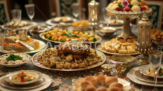  العزائم والولائم في الأعياد والمناسبات الإسلامية، المقبلات والأطباق والأصناف العربية الشرقية اللذيذة، مائدة طعام مليئة بالوجبات المتنوعة الرمضانية، سفرة من المأكولات الشعبية التقليدية الشهية، أجواء شهر رمضان المبارك