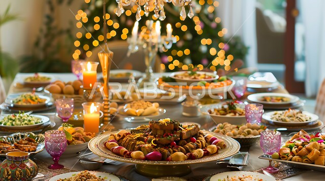  العزائم والولائم في الأعياد والمناسبات الإسلامية، المقبلات والأطباق والأصناف العربية الشرقية اللذيذة، مائدة طعام مليئة بالوجبات المتنوعة الرمضانية، سفرة من المأكولات الشعبية التقليدية الشهية، أجواء شهر رمضان المبارك