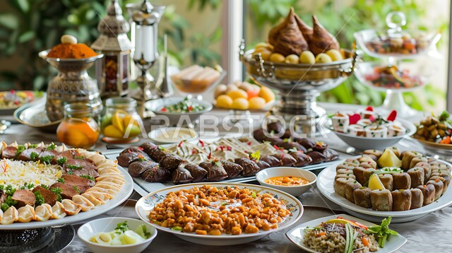  العزائم والولائم في الأعياد والمناسبات الإسلامية، المقبلات والأطباق والأصناف العربية الشرقية اللذيذة، مائدة طعام مليئة بالوجبات المتنوعة الرمضانية، سفرة من المأكولات الشعبية التقليدية الشهية، أجواء شهر رمضان المبارك